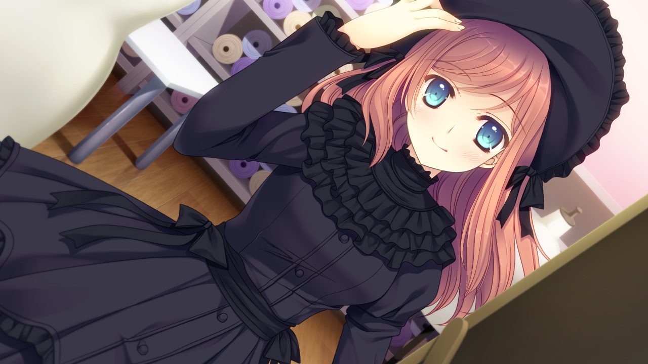 aqua_eyes, bluette_nicolette_planquette, blush, dress, game_cg, goth-loli, hat, headdress, lolita_fashion, nishimata_aoi, otome_riron_to_sono_shuuhen:_ecole_de_paris, red_hair