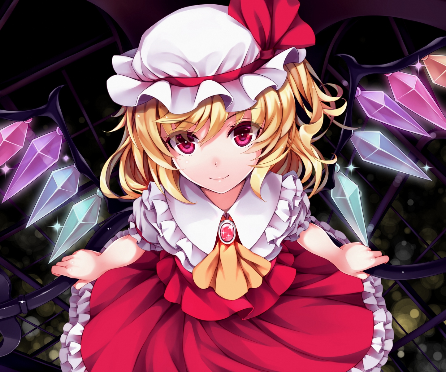 blonde_hair, dress, flandre_scarlet, hat, kitou_kaitai, pink_eyes, short_hair, touhou, vampire, weapon, wings