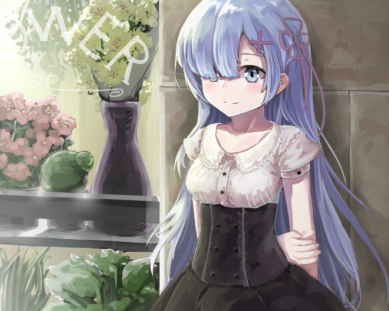 blue_eyes, blue_hair, cropped, long_hair, rem_(re:zero), re:zero_kara_hajimeru_isekai_seikatsu, thighhighs, yonago_miko