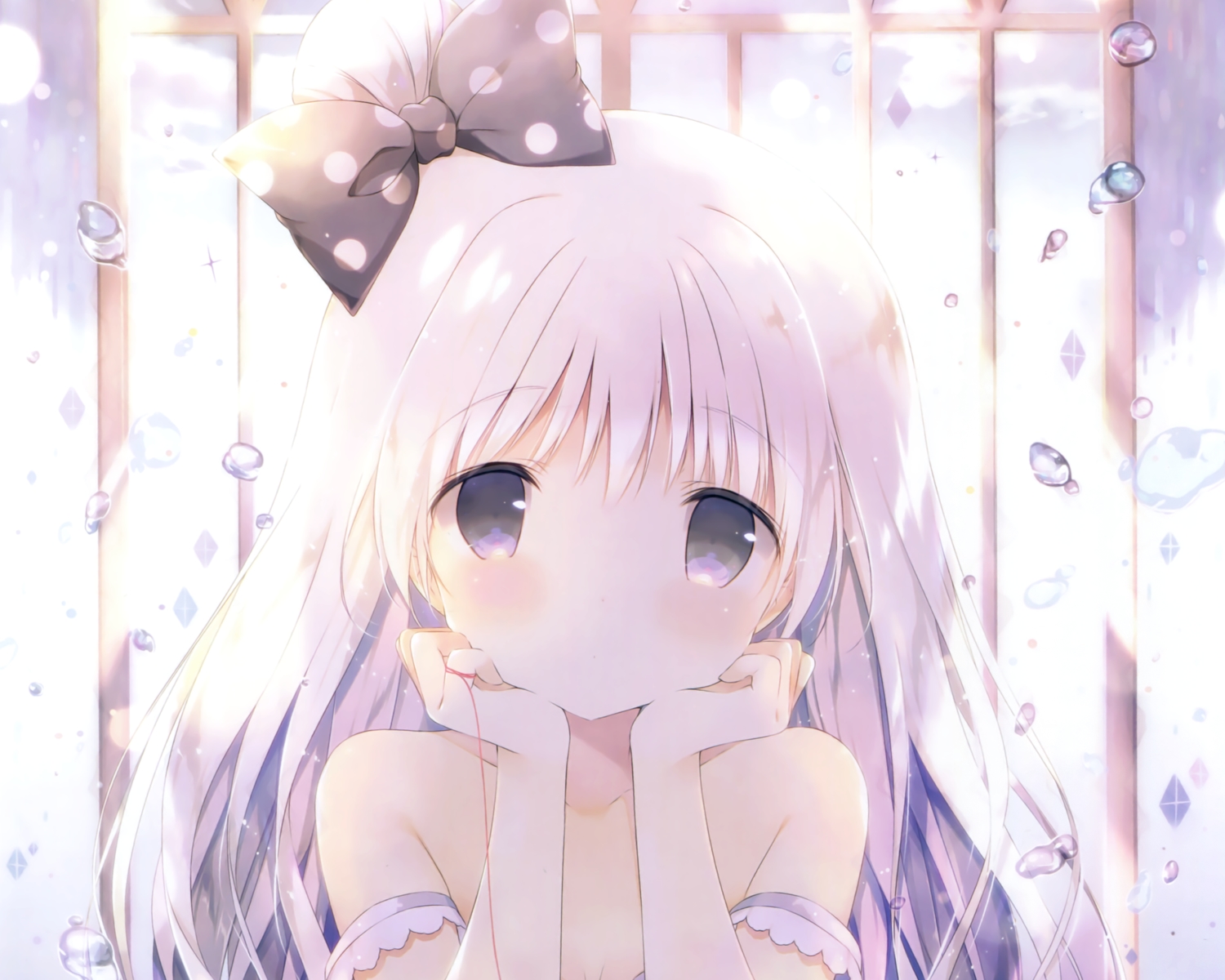 bow, bubbles, close, cropped, gray_eyes, loli, no_bra, original, scan, shiratama, white_hair