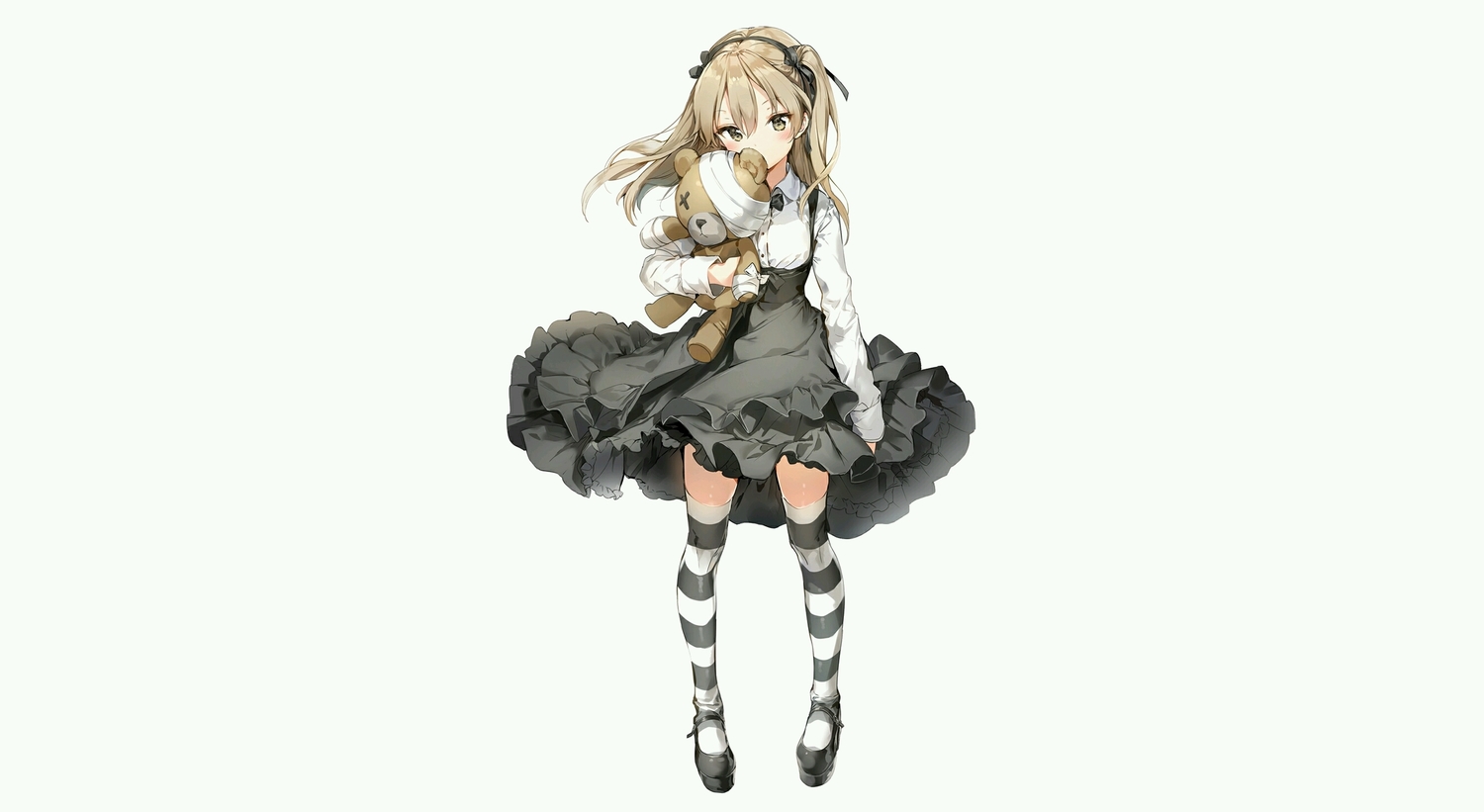 anmi, brown_eyes, brown_hair, dress, girls_und_panzer, gray, polychromatic, shimada_arisu, teddy_bear, thighhighs, tie, zettai_ryouiki