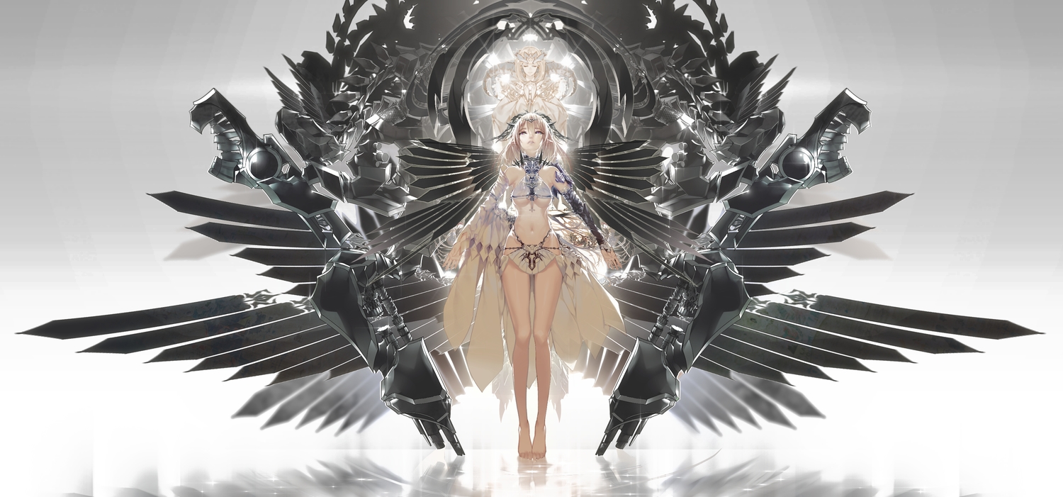 ajahweea, barefoot, blonde_hair, breasts, headdress, horns, mechagirl, original, pointed_ears, reflection, underboob, wings