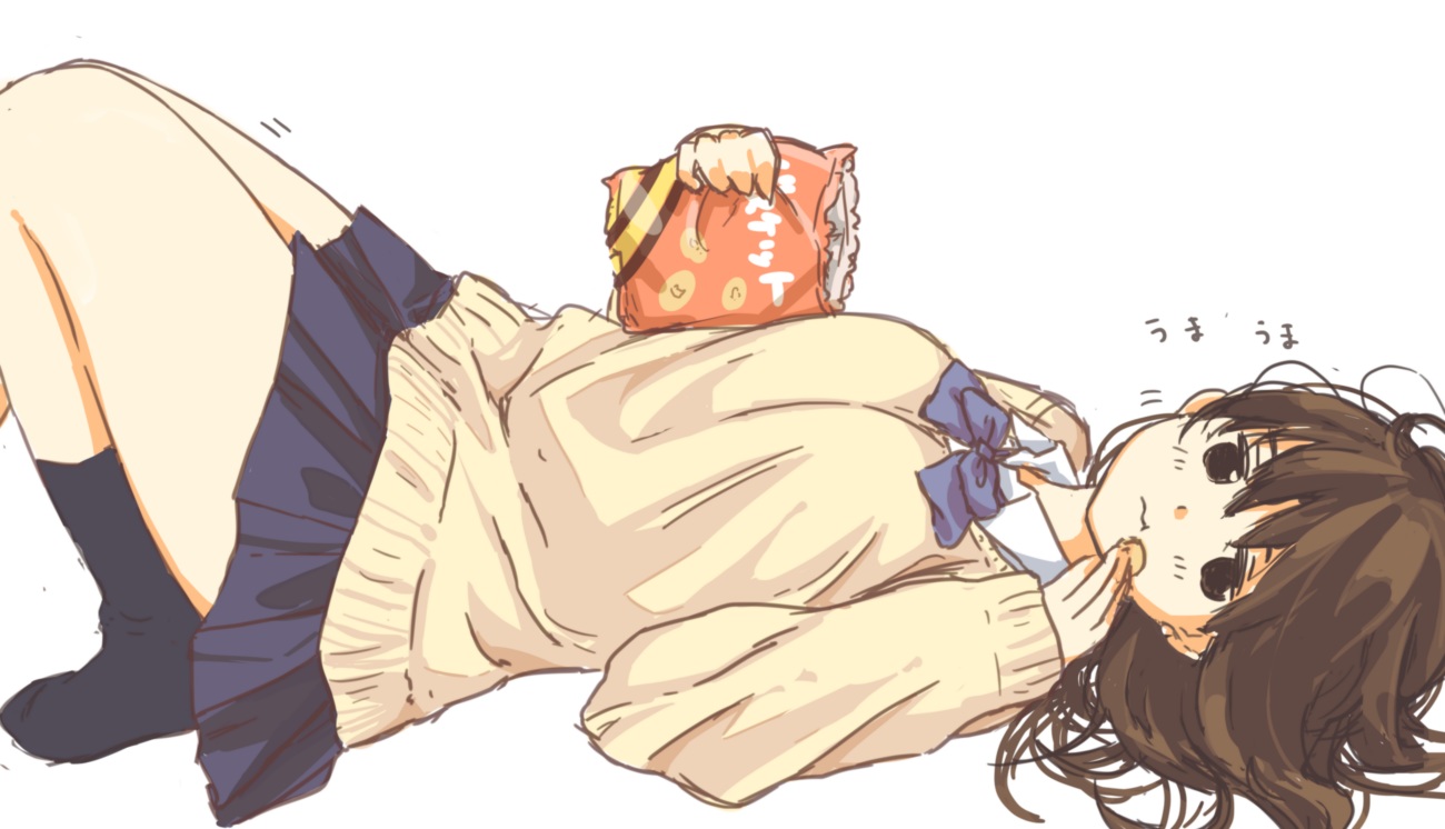 brown_eyes, brown_hair, food, kneehighs, matsuda_hikari, original, school_uniform, socks