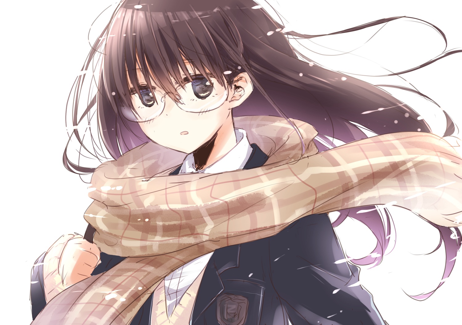 brown_eyes, brown_hair, glasses, long_hair, matsuda_hikari, original, scarf, school_uniform