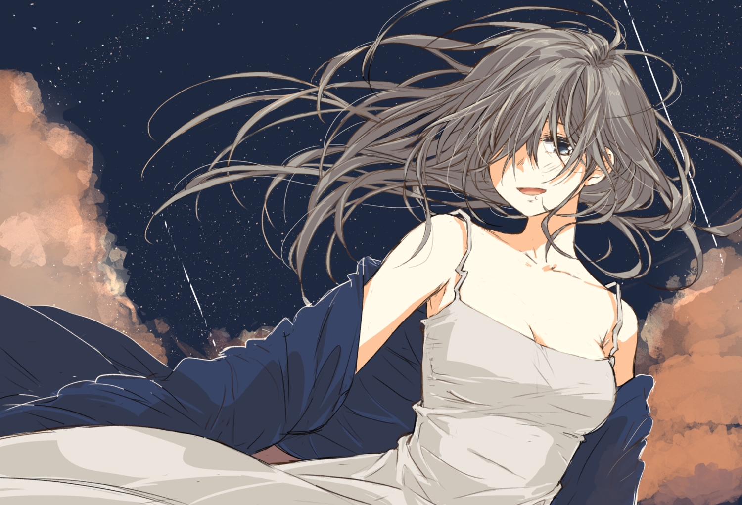 blue_eyes, breasts, cleavage, clouds, dress, gray_hair, long_hair, matsuda_hikari, original, sky, stars, summer_dress