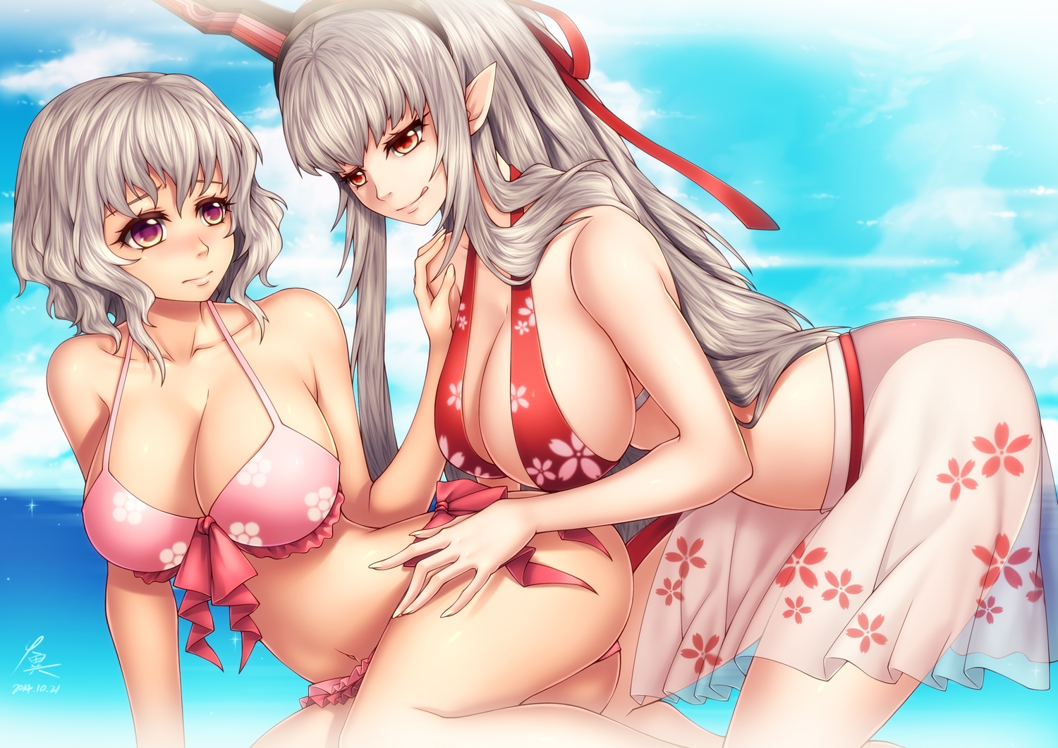 2girls, bikini, blush, breasts, cleavage, fantasy_frontier, gray_hair, long_hair