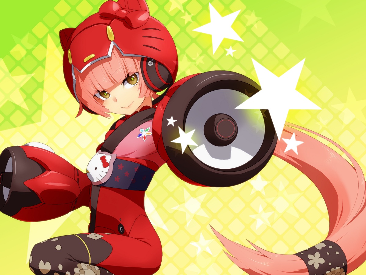 green, hello_kitty_(character), matsuda_toki, nekomura_iroha, pink_hair, sanrio, vocaloid, yellow_eyes