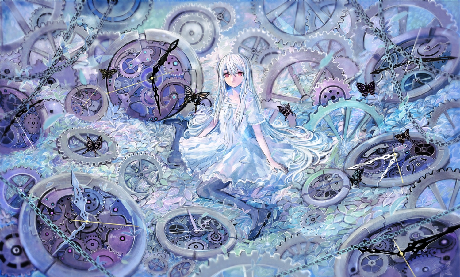 animal, butterfly, dress, leaves, long_hair, original, pantyhose, sonidoriy