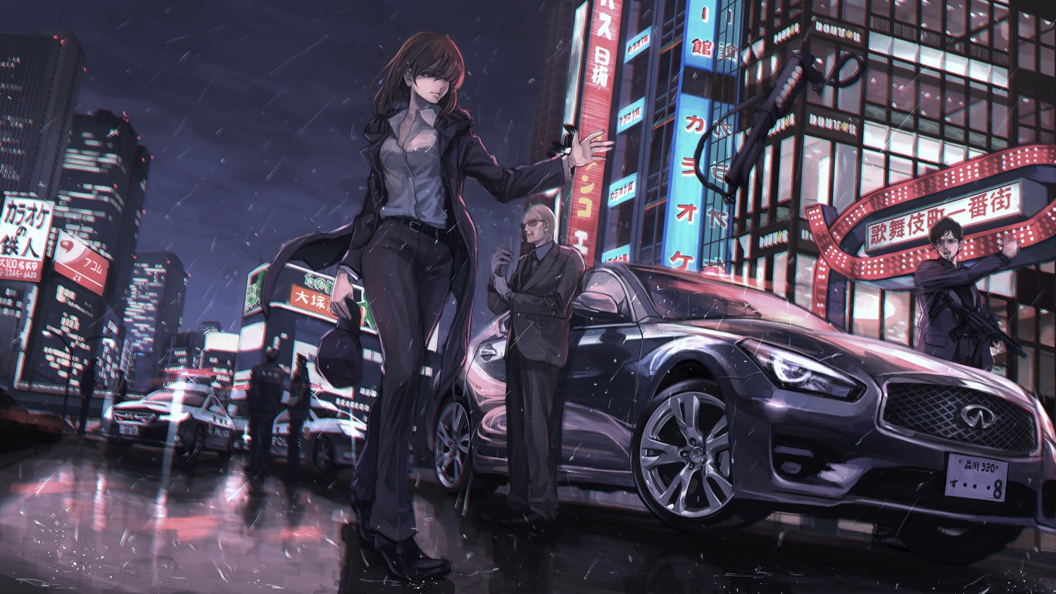 brown_hair, building, car, cigarette, city, glasses, gun, hat