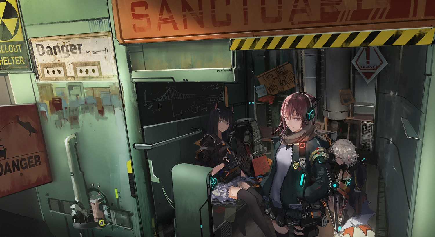 animal_ears, blue_eyes, catgirl, headphones, industrial, novelance, skirt, thighhighs, tom_clancy's_the_division, white_hair, zettai_ryouiki