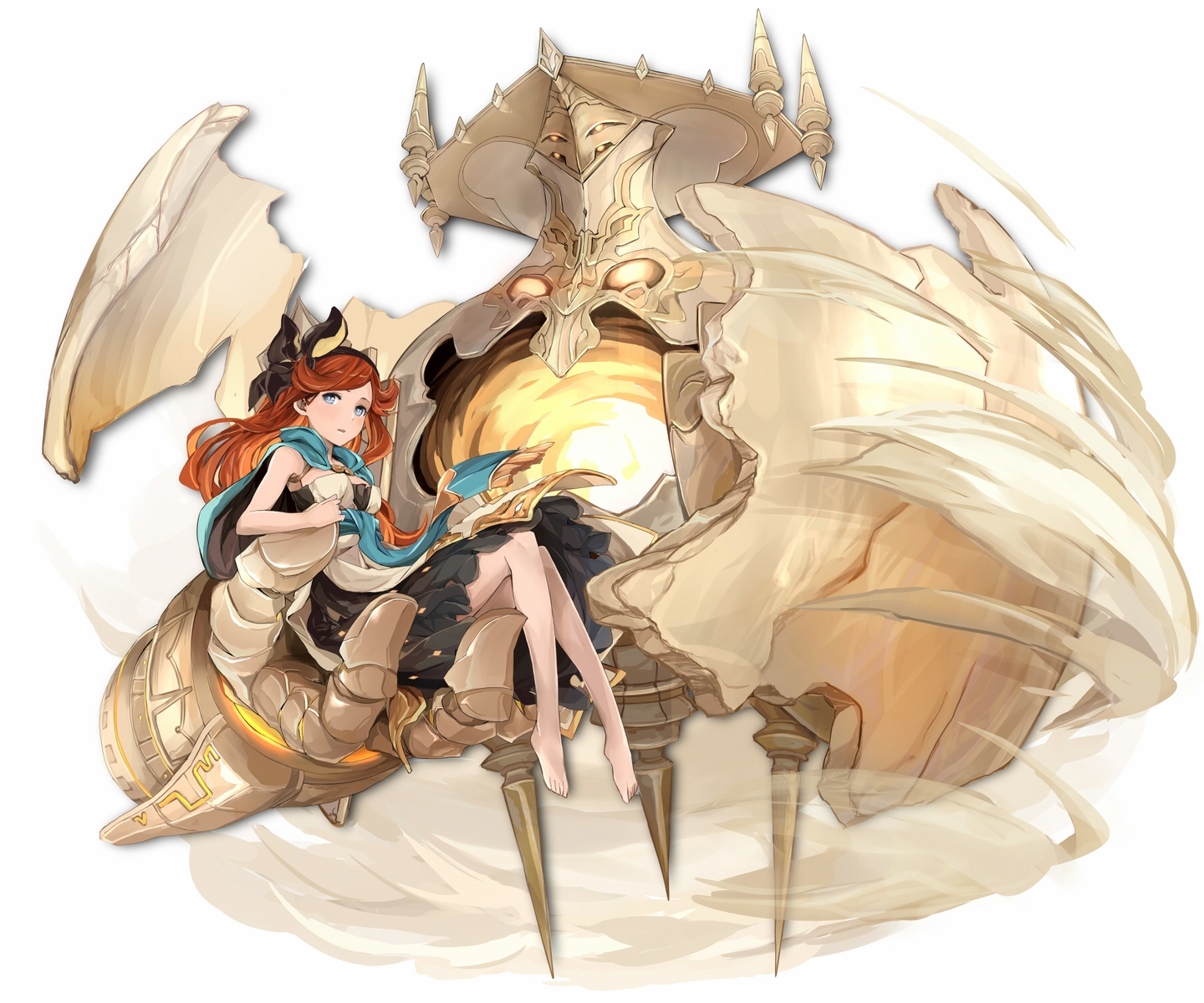 barefoot, blue_eyes, brown_hair, dress, granblue_fantasy, headband, long_hair, sara_(granblue_fantasy)