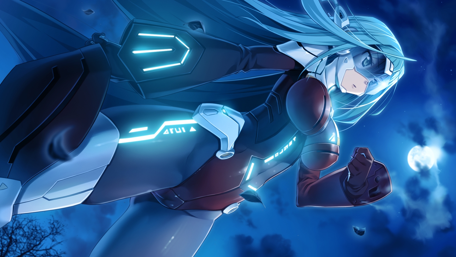 bodysuit, clouds, game_cg, green_eyes, himegoto_union, kawahara_makoto, navel, night, seven_wonder, tagme_(character), tree, white_hair