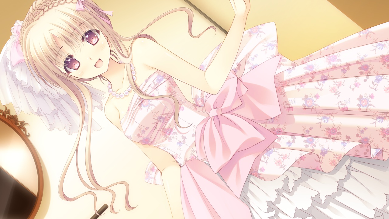 blonde_hair, brown_eyes, dress, game_cg, headdress, meryl_lynch, necklace, nishimata_aoi, otome_riron_to_sono_shuuhen:_ecole_de_paris, suzuhira_hiro, wedding_attire