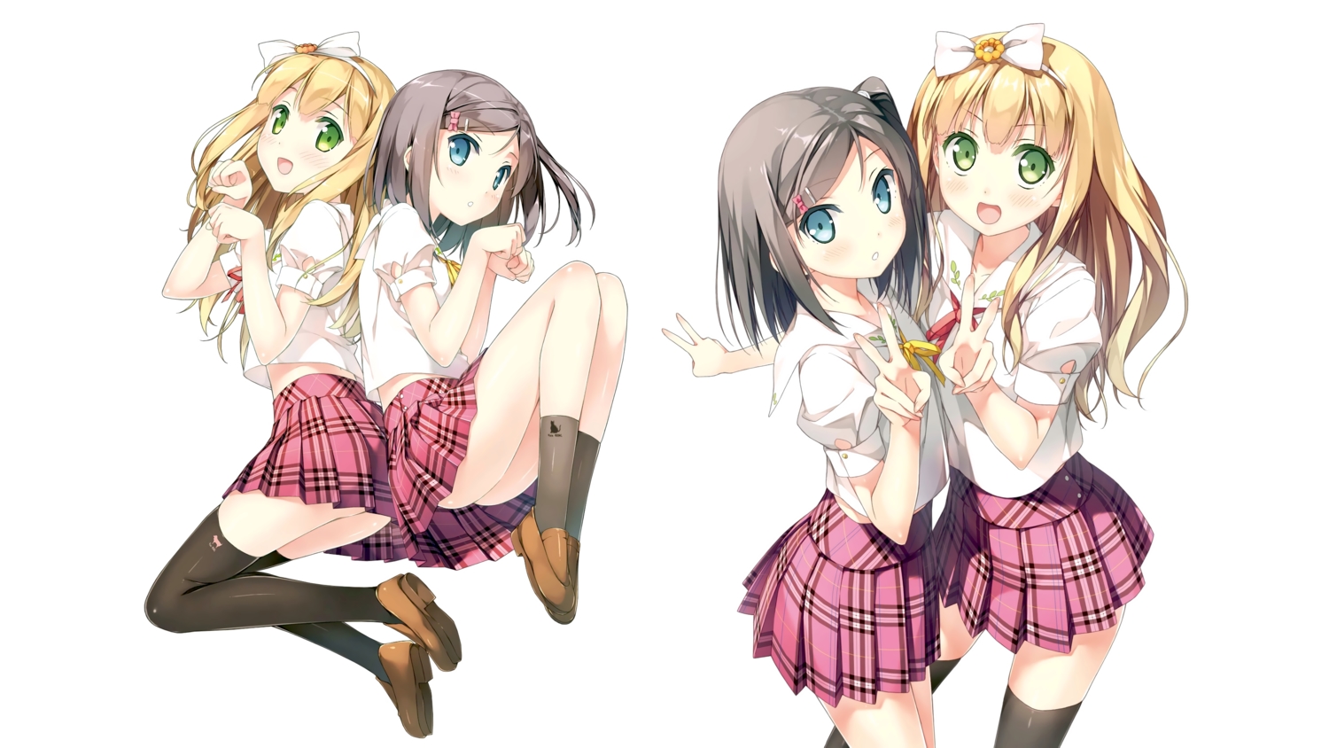 2girls, azuki_azusa, blonde_hair, blue_eyes, blush, boots, bow, gray_hair, green_eyes, hentai_ouji_to_warawanai_neko, kantoku, ribbons, school_uniform, thighhighs, third-party_edit, tsutsukakushi_tsukiko, white, zettai_ryouiki