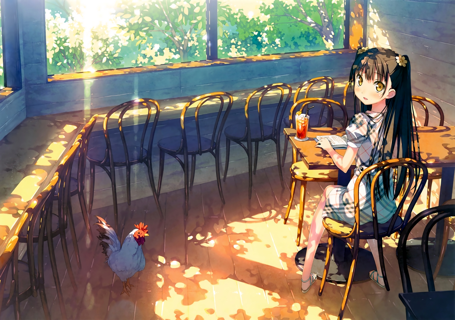 5_nenme_no_houkago, animal, bird, black_hair, book, drink, kantoku, long_hair, nagisa_(kantoku), original, scan, tree, yellow_eyes