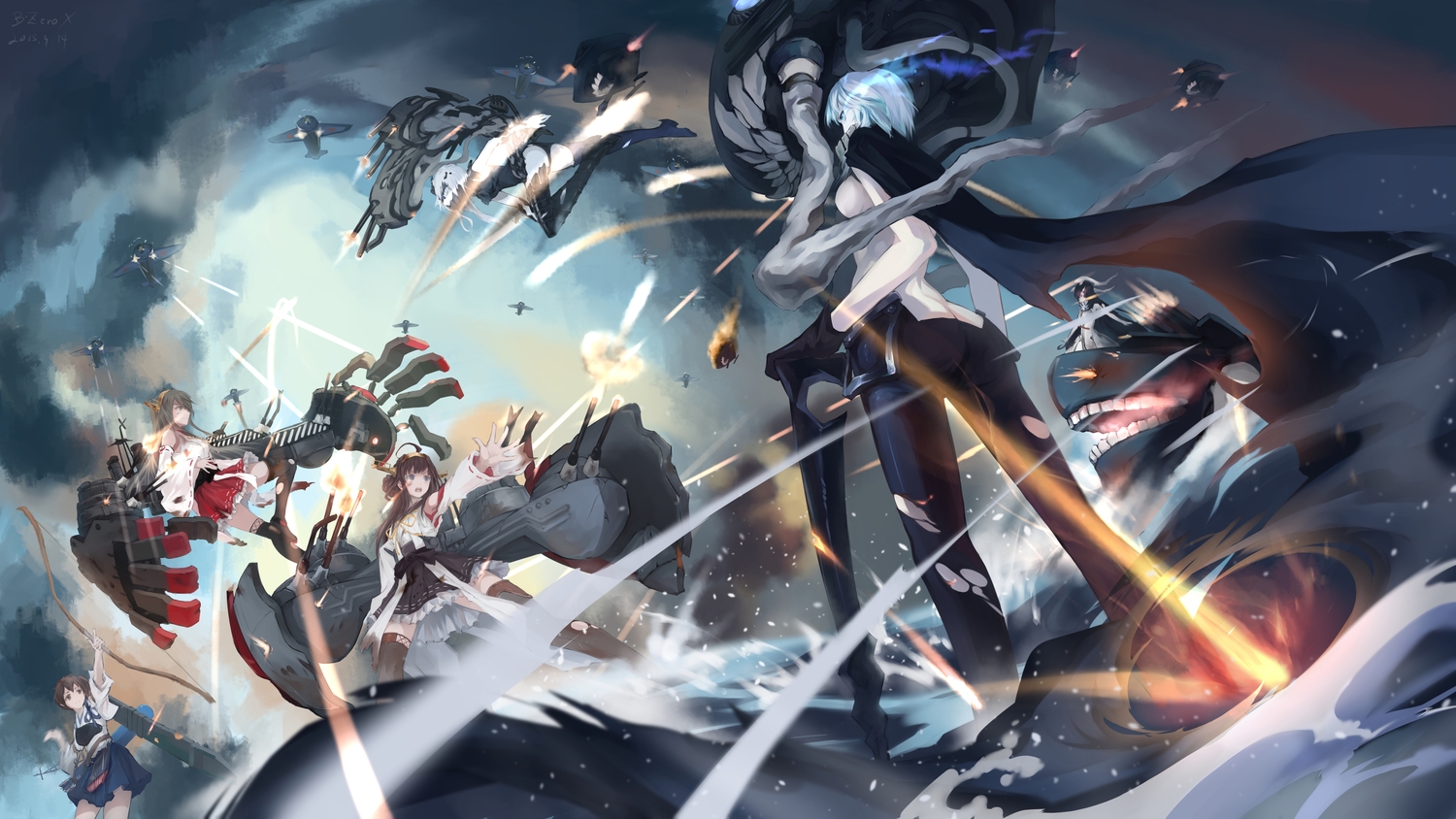 anchorage_water_demon, anthropomorphism, bow_(weapon), brown_hair, bzerox, group, haruna_(kancolle), kaga_(kancolle)