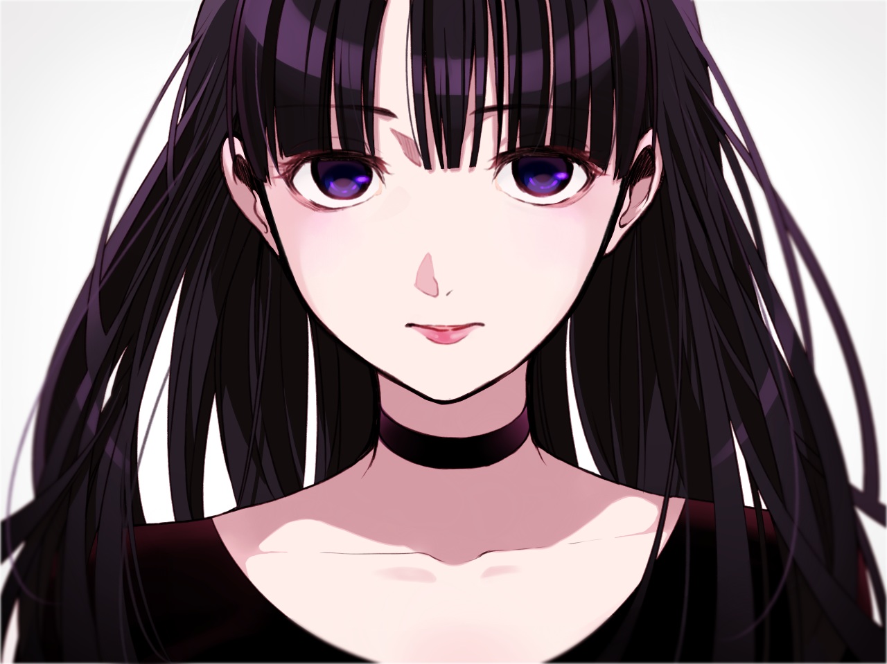 black_hair, chisumi, choker, close, long_hair, original, purple_eyes