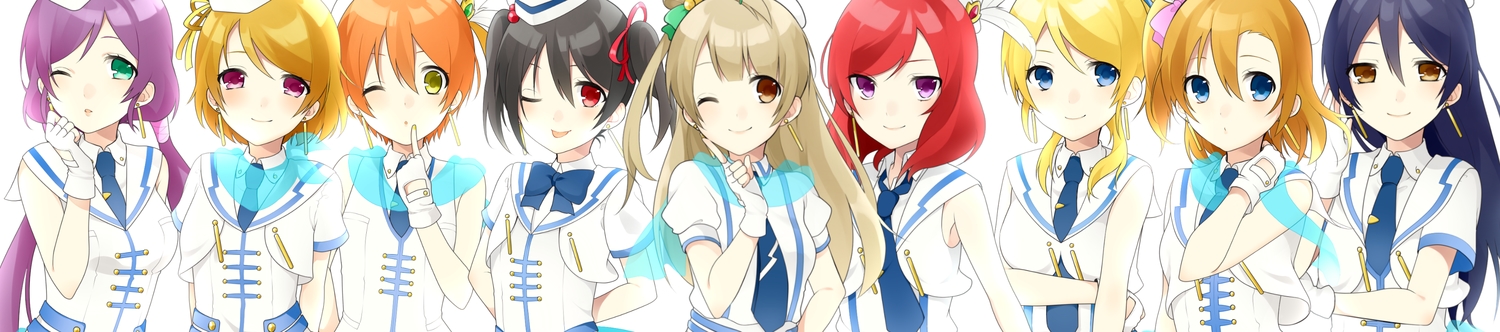 aqua_eyes, ayase_eri, black_hair, blonde_hair, blue_eyes, blue_hair, blush, brown_eyes
