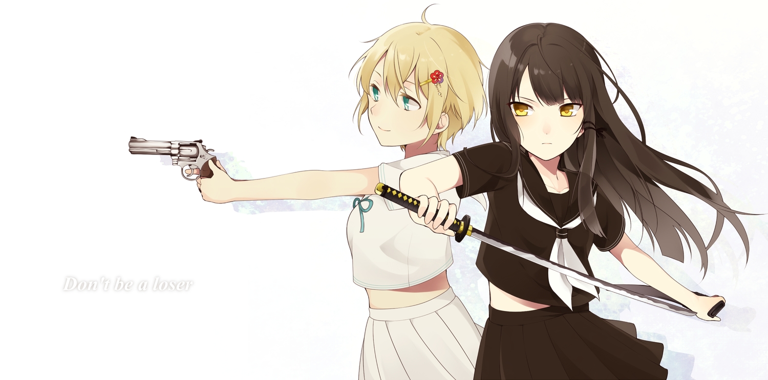 aqua_eyes, blonde_hair, brown_hair, chisumi, gun, katana, long_hair, original