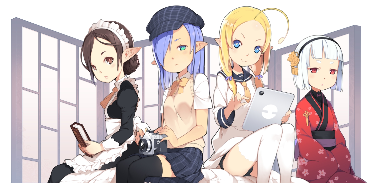 aoi_tsunami, apron, aqua_eyes, bed, blonde_hair, blue_eyes, blue_hair, book