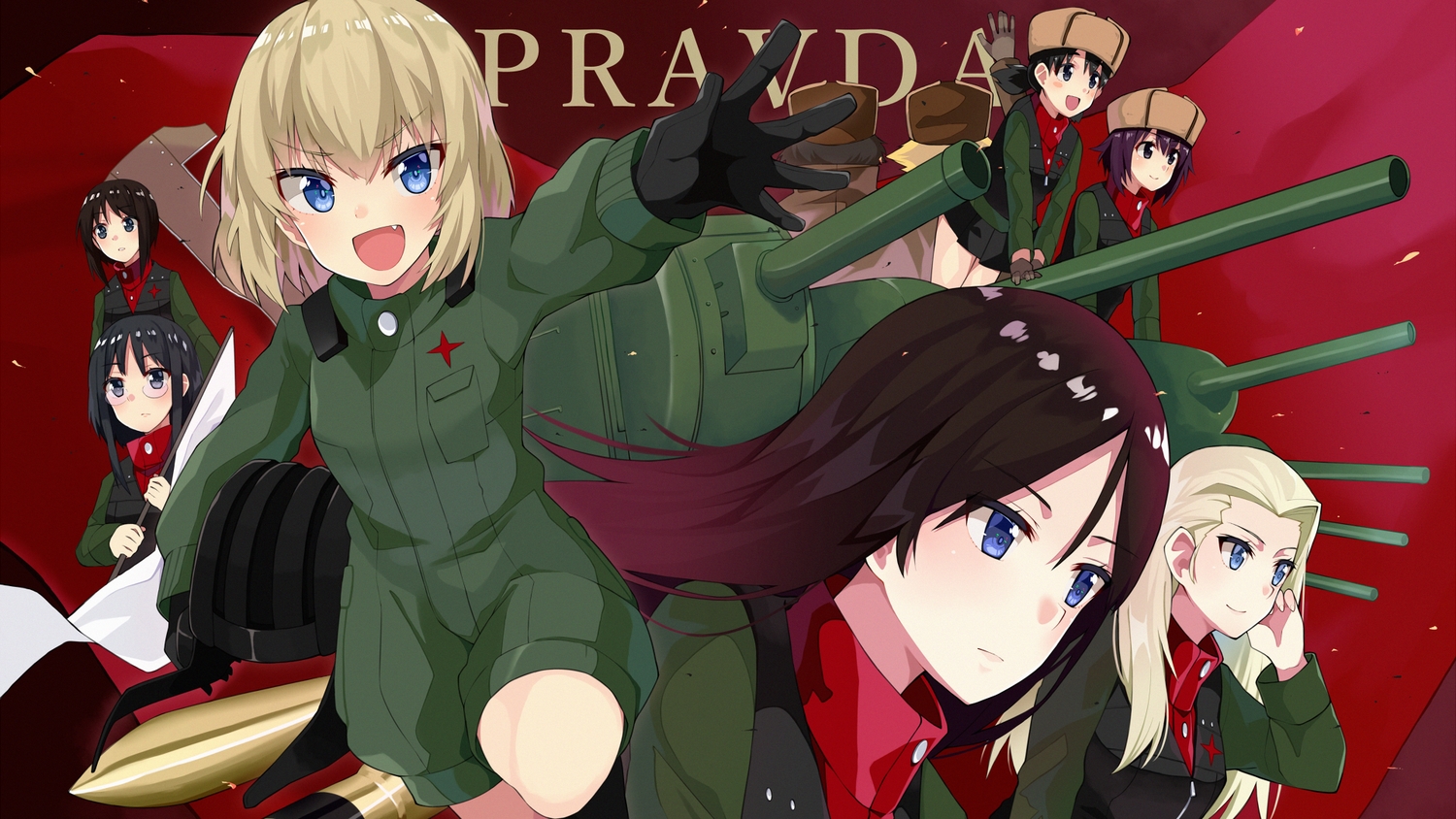akiyama_yukari, alina_(girls_und_panzer), black_eyes, black_hair, blonde_hair, blue_eyes, brown_hair, clara_(girls_und_panzer)