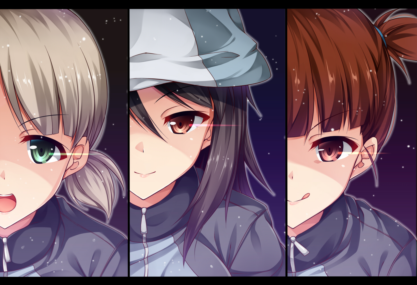 aki_(girls_und_panzer), black_hair, blonde_hair, brown_eyes, brown_hair, close, girls_und_panzer, green_eyes, hat, kuragari, mika_(girls_und_panzer), mikko_(girls_und_panzer), short_hair