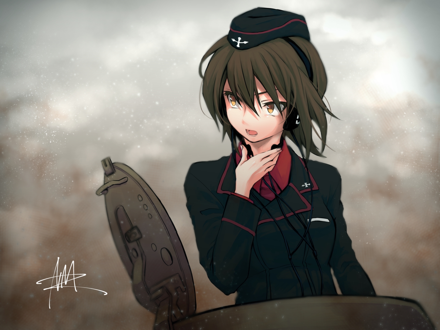brown_hair, girls_und_panzer, hat, headphones, nishizumi_maho, nmz_(namazu), signed, uniform, yellow_eyes