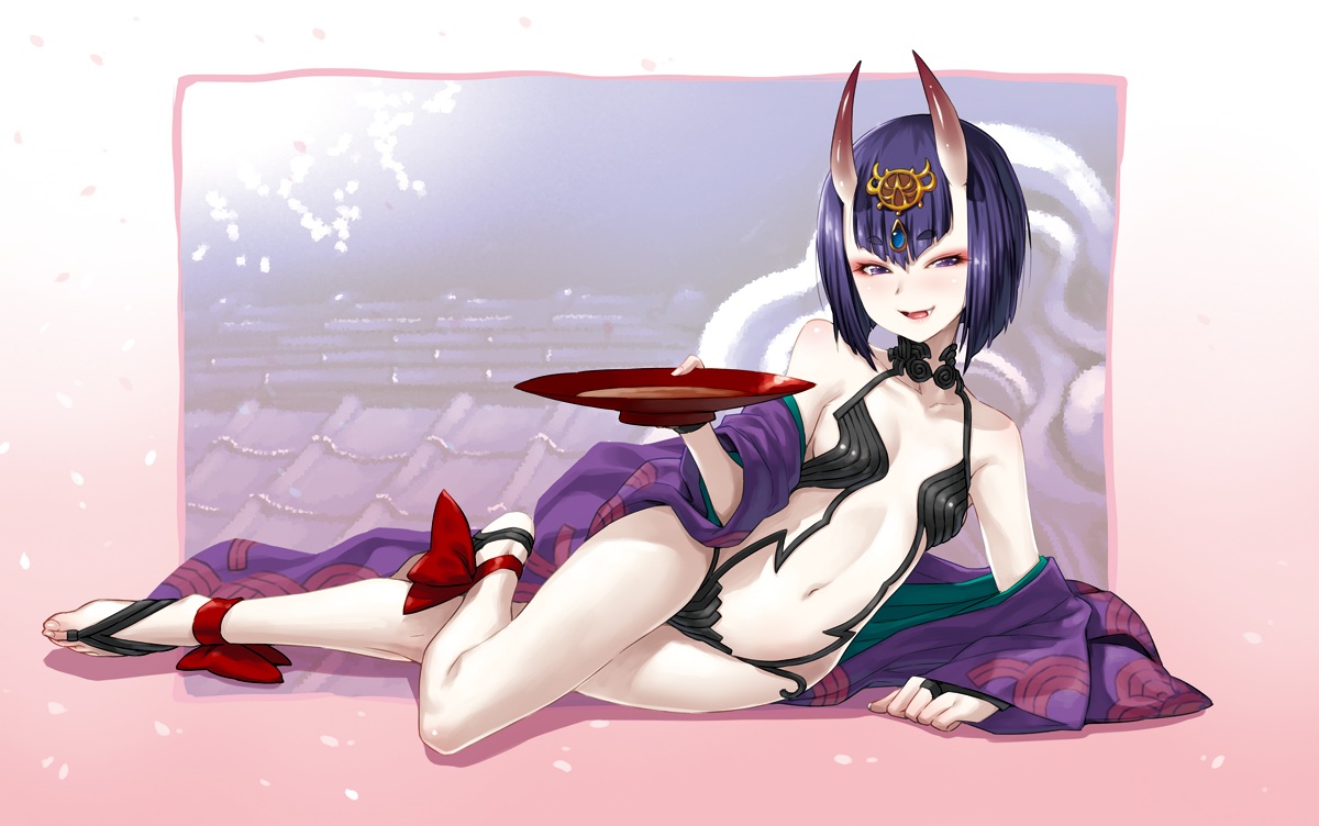 barefoot, breasts, cleavage, demon, drink, fate/grand_order, fate_(series), kazuma_muramasa