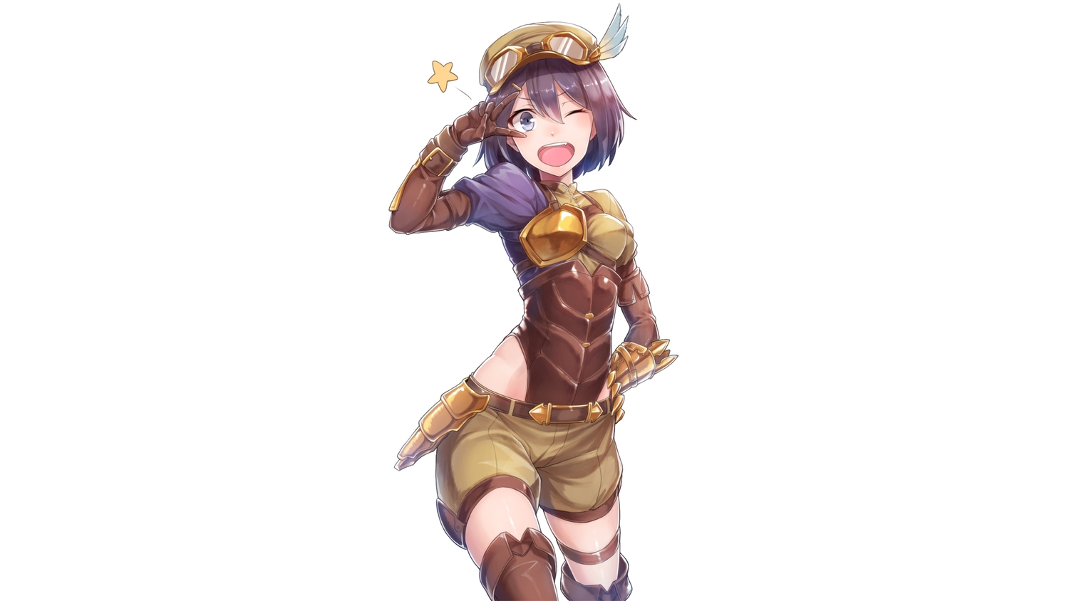 armor, elbow_gloves, feena_(shingeki_no_bahamut), gloves, goggles, granblue_fantasy, hat, konnyaku_(kk-monmon), purple_eyes, purple_hair, shingeki_no_bahamut, short_hair