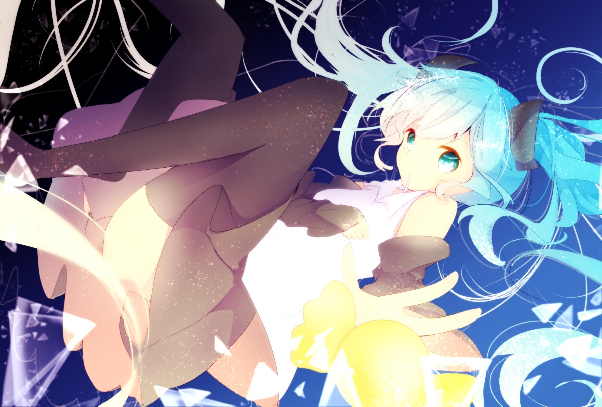 aqua_hair, colorful_aquarium, fuyuzuki_gato, hatsune_miku, long_hair, skirt, thighhighs, twintails, vocaloid