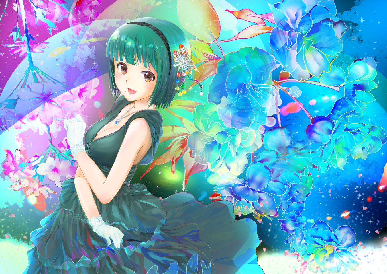 breasts, brown_eyes, cleavage, dress, flowers, gloves, green_hair, headband