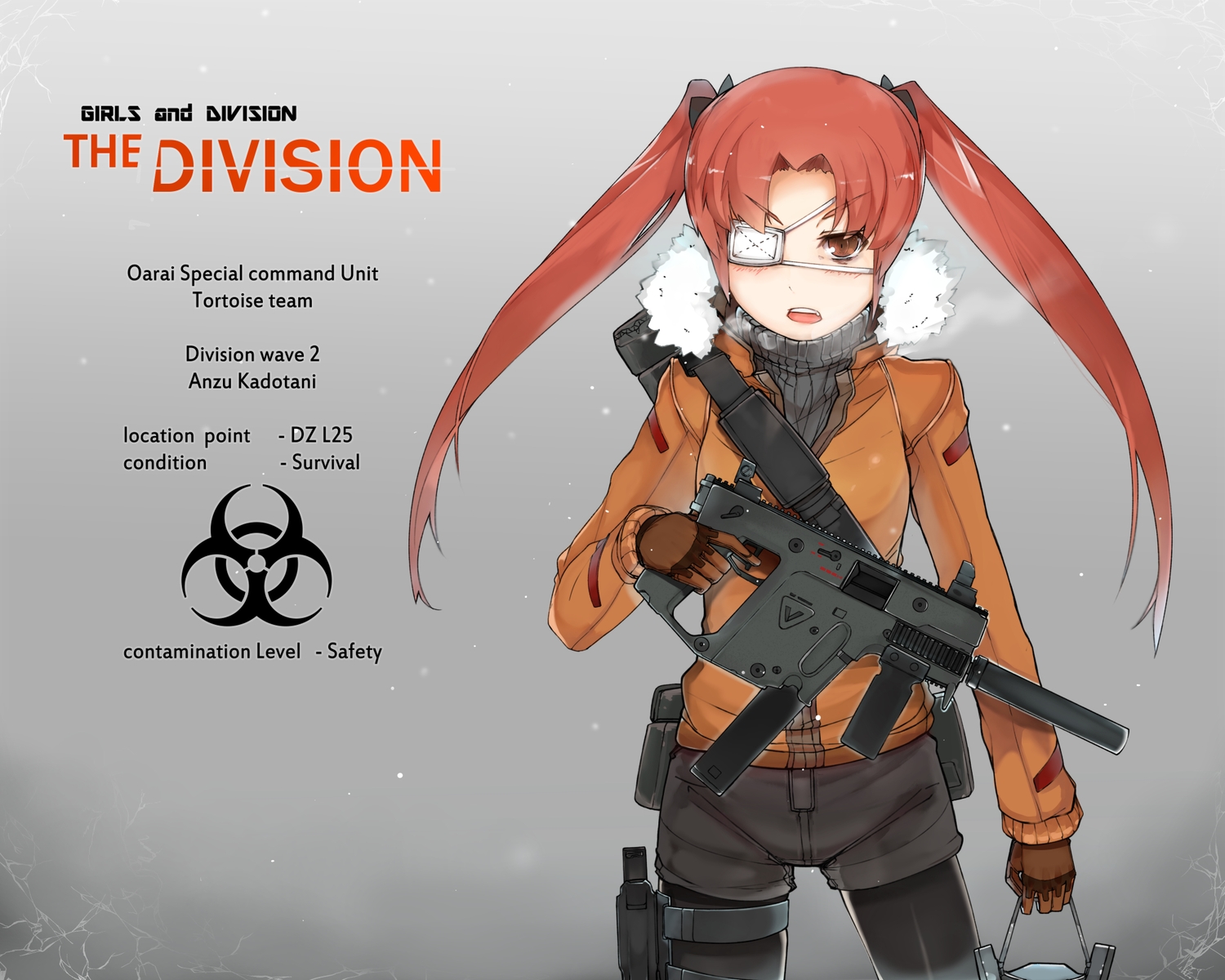 blush, brown_eyes, ekuesu, eyepatch, girls_und_panzer, gun, kadotani_anzu, long_hair