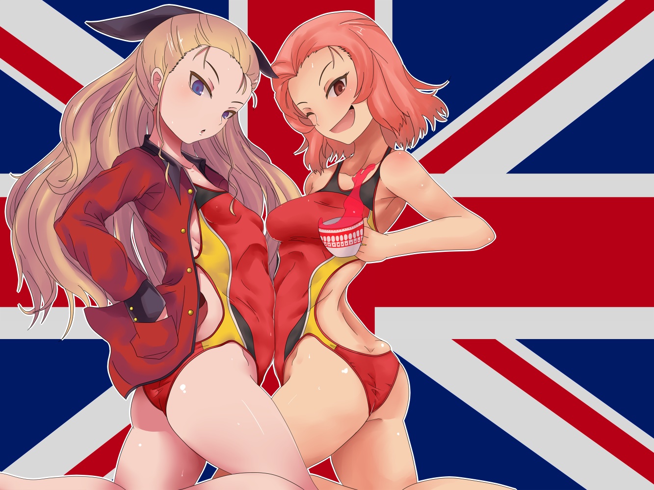 2girls, ass, assam_(girls_und_panzer), blonde_hair, blue_eyes, blush, brown_eyes, dateya_torahachi, drink, girls_und_panzer, long_hair, orange_hair, rosehip, short_hair, swimsuit