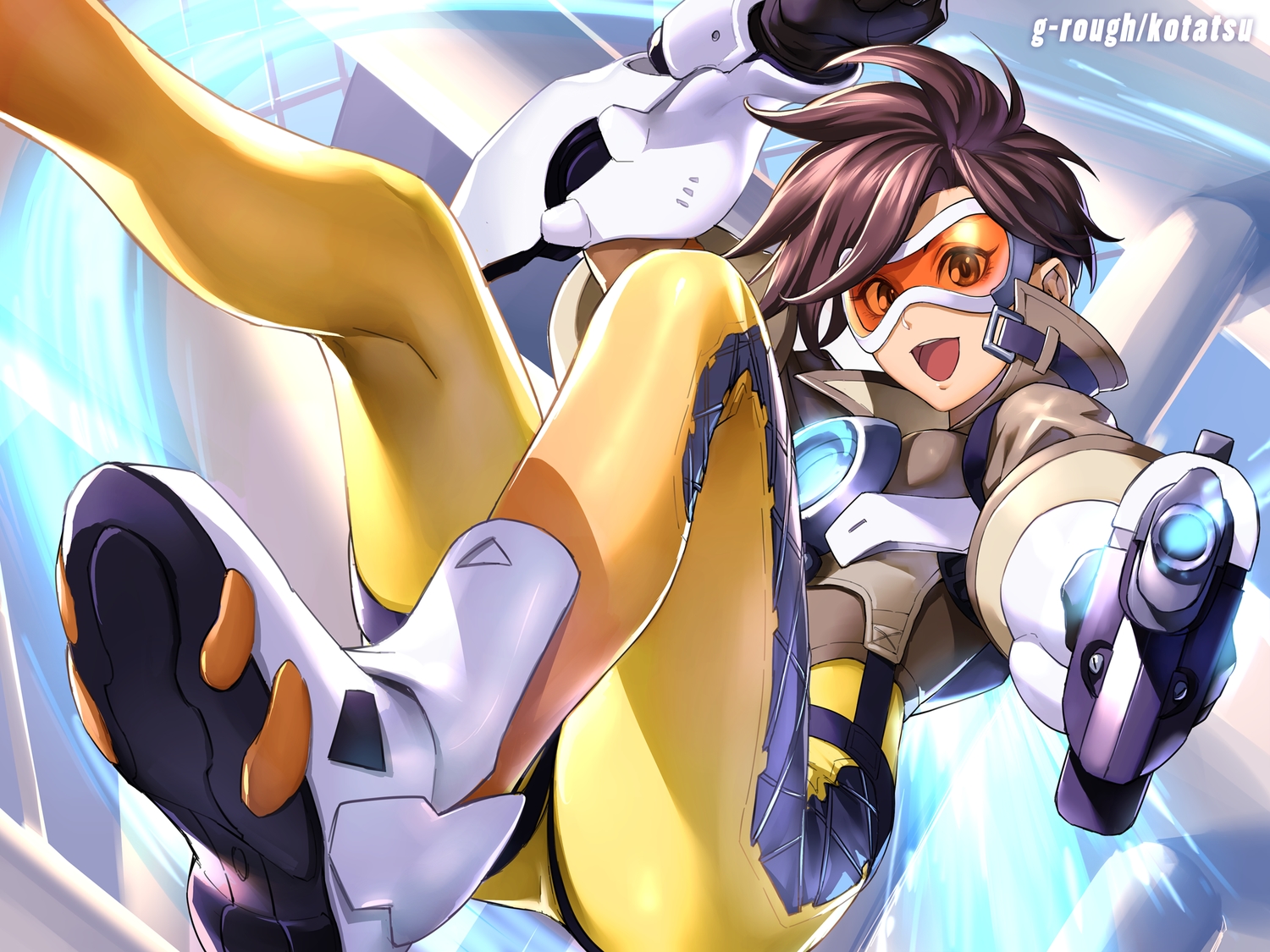 bodysuit, boots, brown_eyes, brown_hair, goggles, gun, kotatsu_(g-rough), overwatch, short_hair, tracer, weapon