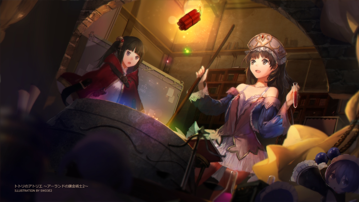 atelier_meruru, atelier_rorona, atelier_totori, black_hair, brown_hair, chibi, dress, gray_eyes
