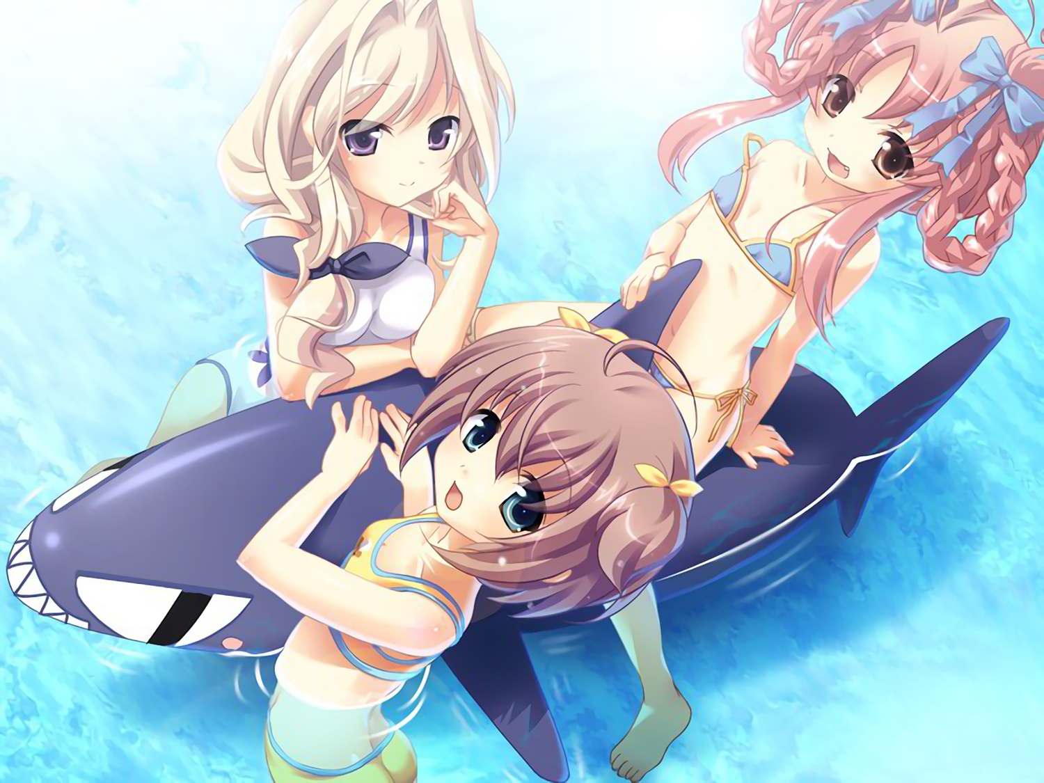 ass, barefoot, bikini, blonde_hair, braids, brown_eyes, brown_hair, game_cg, green_eyes, ichigo_(musumaker), karin_(musumaker), kouguchi_moto, loli, mikan_(musumaker), musumaker, pool, purple_eyes, short_hair, swimsuit, twintails, waifu2x, water