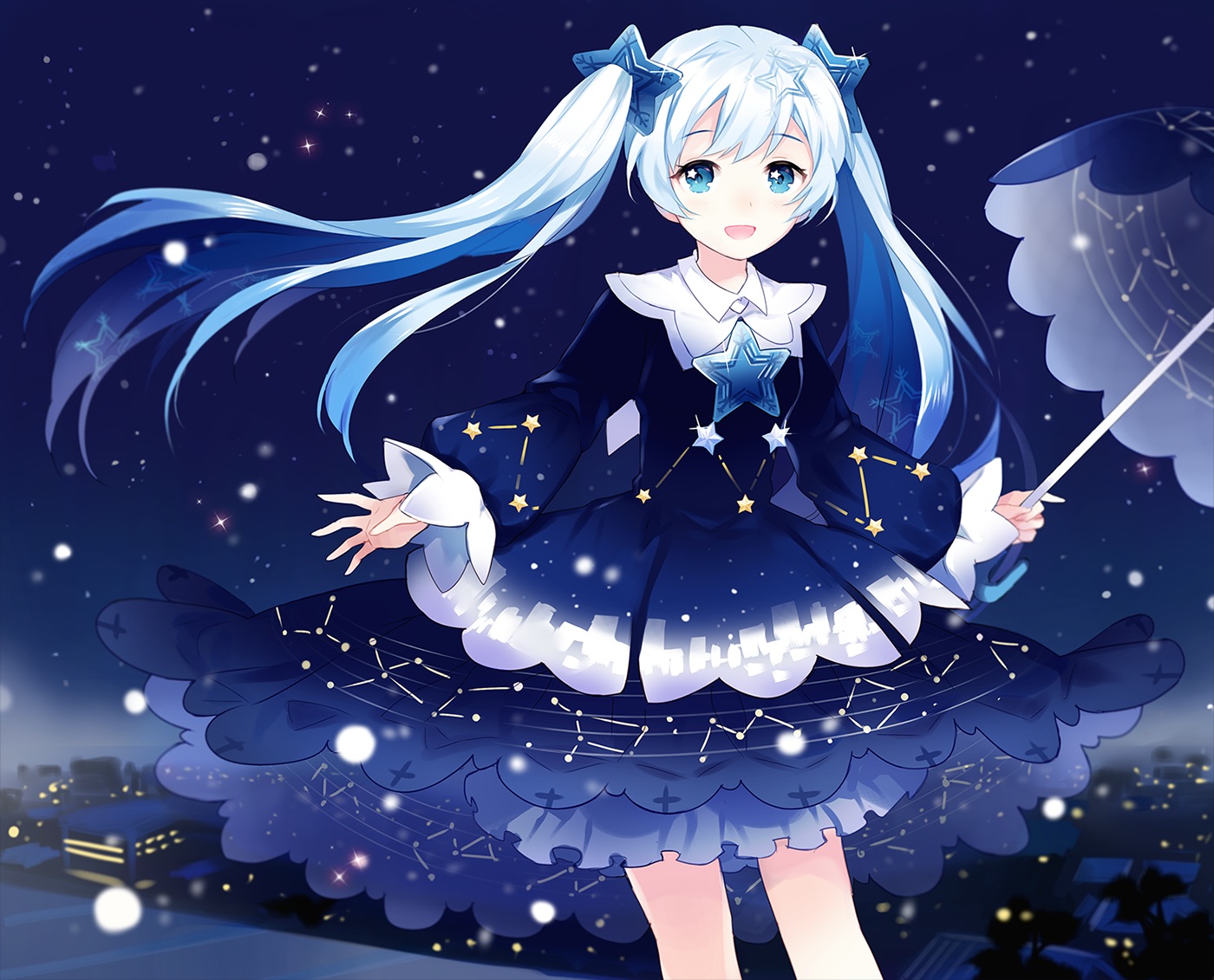 apring, aqua_eyes, blue, blue_hair, dress, hatsune_miku, long_hair, stars, twintails, umbrella, vocaloid, yuki_miku