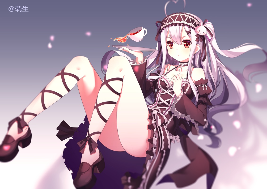 choker, drink, goth-loli, headdress, lolita_fashion, long_hair, original, qiong_sheng, red_eyes, ribbons, watermark, white_hair