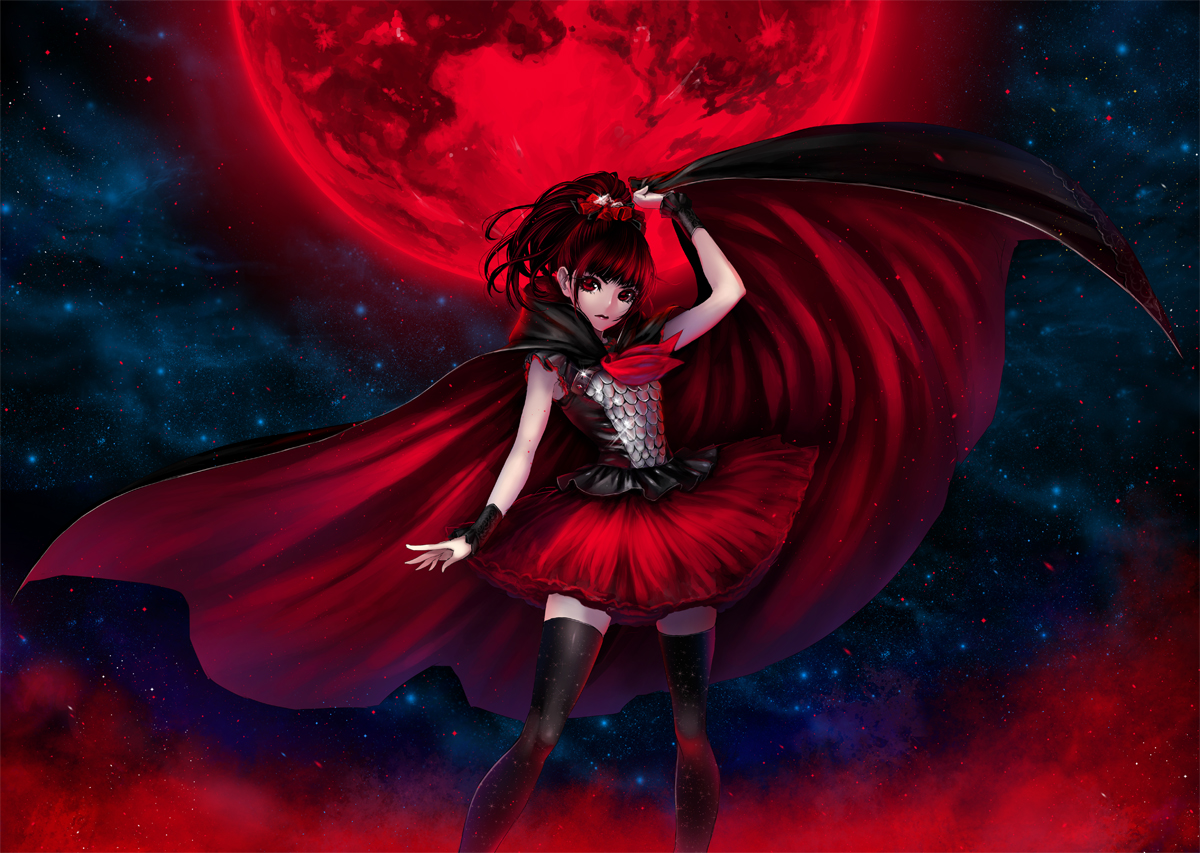 babymetal, cape, kunishige_keiichi, moon, nakamoto_suzuka, night, polychromatic, ponytail, red_eyes, red_hair, skirt, stars, thighhighs, zettai_ryouiki