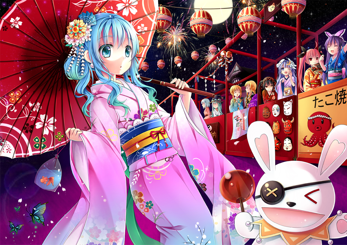 blue_eyes, blue_hair, butterfly, candy, date_a_live, doll, erect_nipples, festival