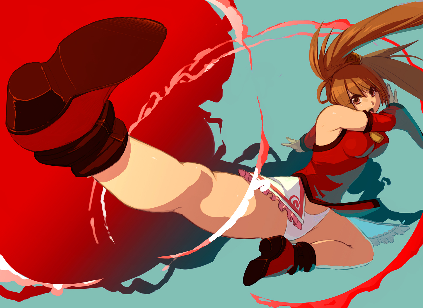 blue, boots, breasts, brown_eyes, brown_hair, chinese_clothes, guilty_gear, kick, kondou_totetsu, kuradoberi_jam, long_hair, panties, red, skintight, twintails, underwear