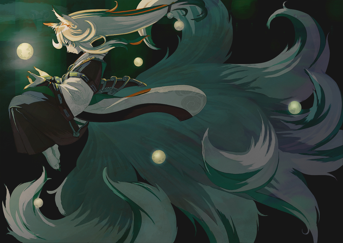 animal_ears, barefoot, foxgirl, kondou_totetsu, long_hair, multiple_tails, original, tail