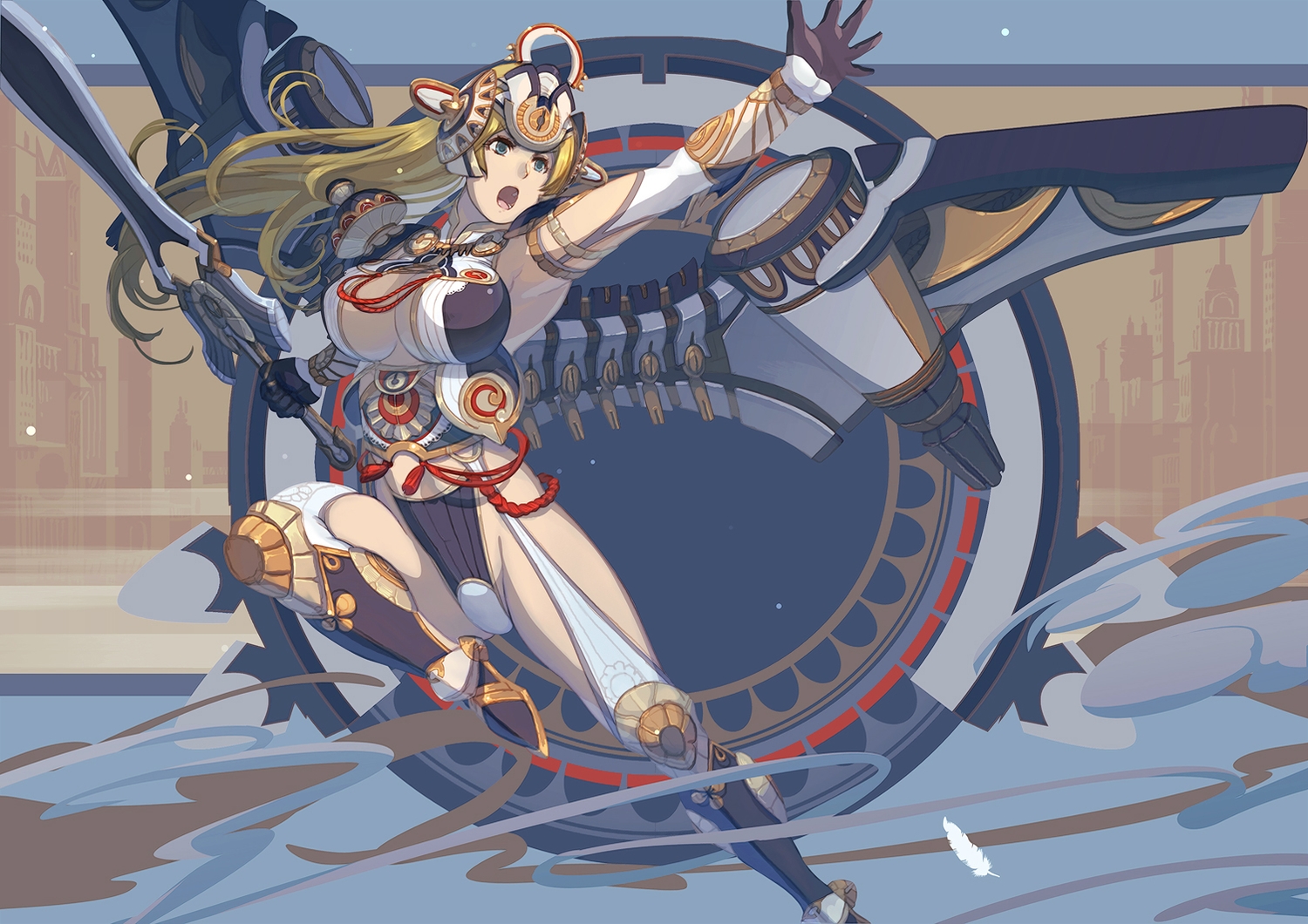 aqua_eyes, armor, blonde_hair, breasts, cleavage, gloves, headdress, kondou_totetsu, long_hair, mechagirl, original, sword, weapon, wings