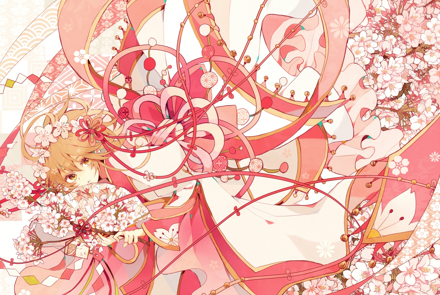 blonde_hair, cherry_blossoms, fan, flowers, headdress, japanese_clothes, kimono, orange_eyes