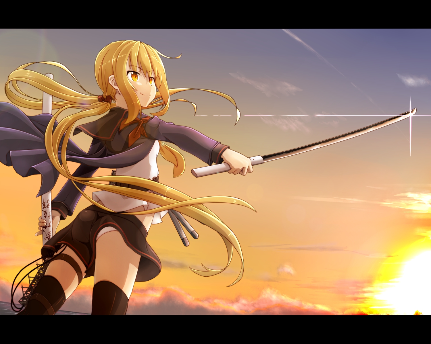 anthropomorphism, blonde_hair, clouds, kantai_collection, long_hair, satsuki_(kancolle), sunset, sword, thighhighs, tr-6, twintails, weapon, yellow_eyes