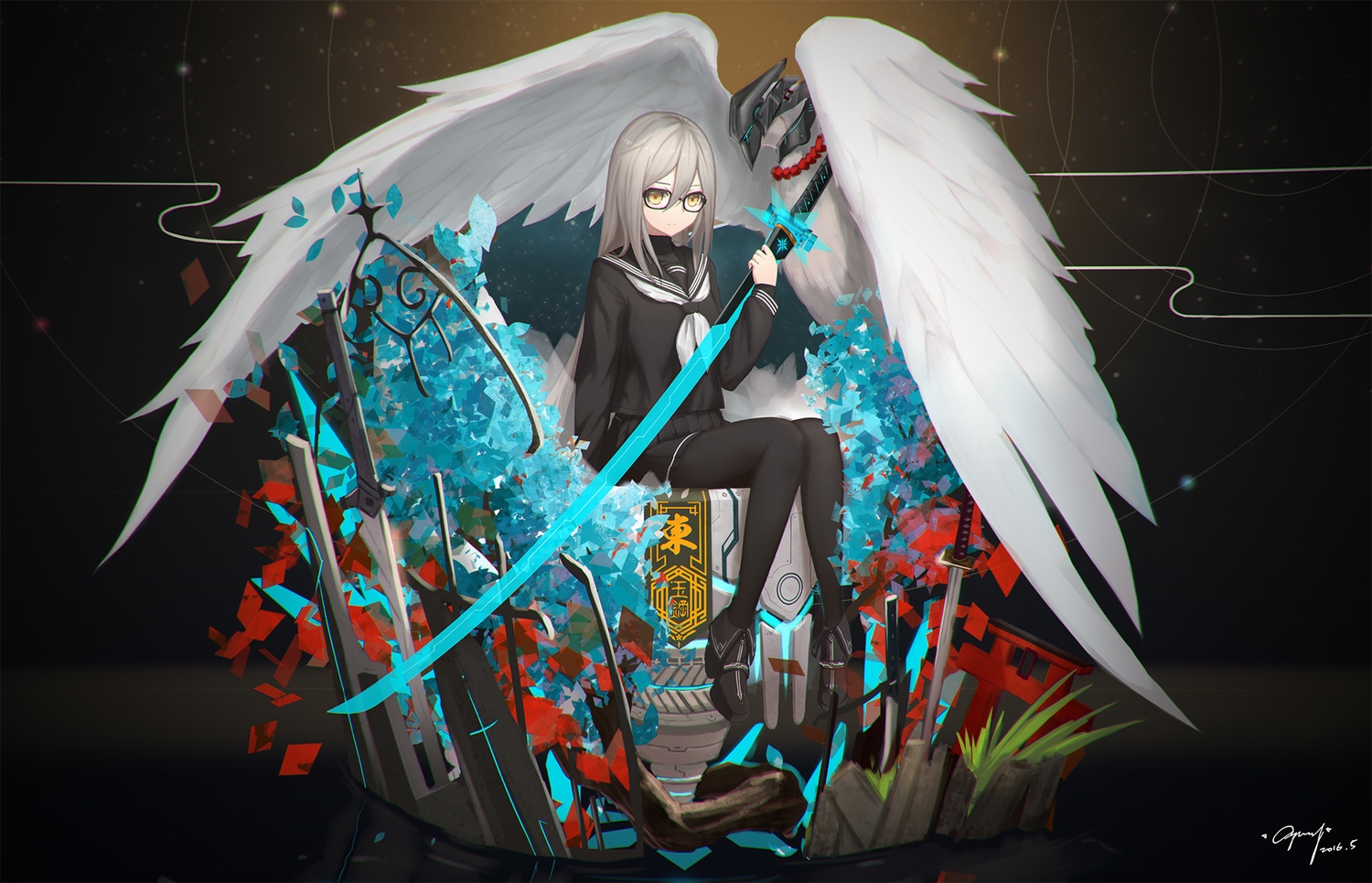 animal, bird, cang_yue_xue_feng, feathers, glasses, jpeg_artifacts, pantyhose, school_uniform