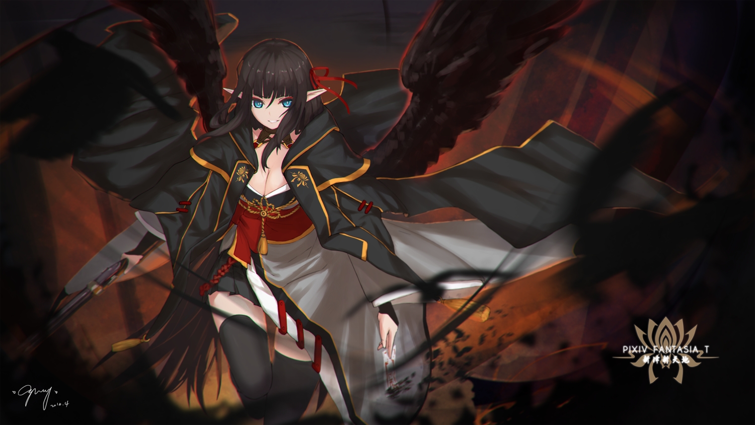 blue_eyes, breasts, brown_hair, cang_yue_xue_feng, cleavage, long_hair, original, pixiv_fantasia