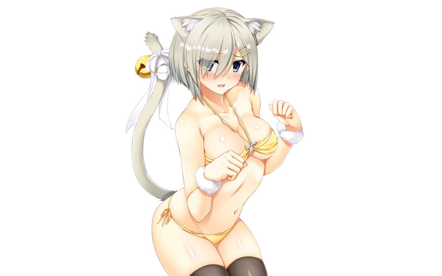 animal_ears, anthropomorphism, bikini, breasts, catgirl, cleavage, hamakaze_(kancolle), kantai_collection, moeki_yuuta, swimsuit, tail, thighhighs, third-party_edit, underboob, white