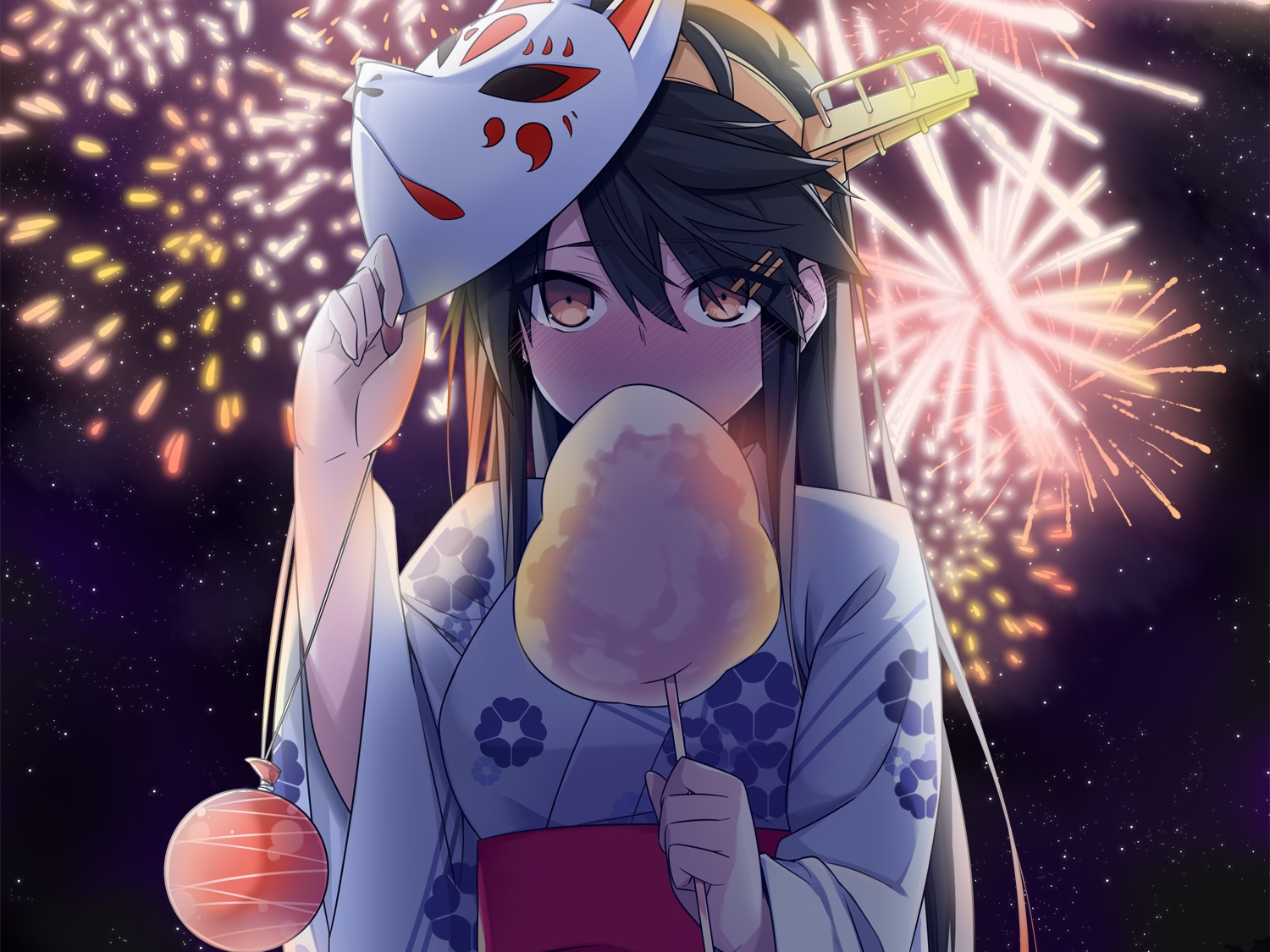 anthropomorphism, black_hair, blush, candy, cropped, festival, fireworks, haruna_(kancolle)