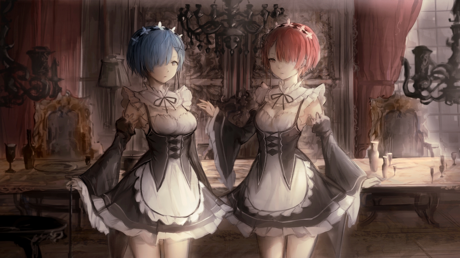 2girls, blue_hair, drink, headband, maid, orange_hair, ram_(re:zero), rem_(re:zero)